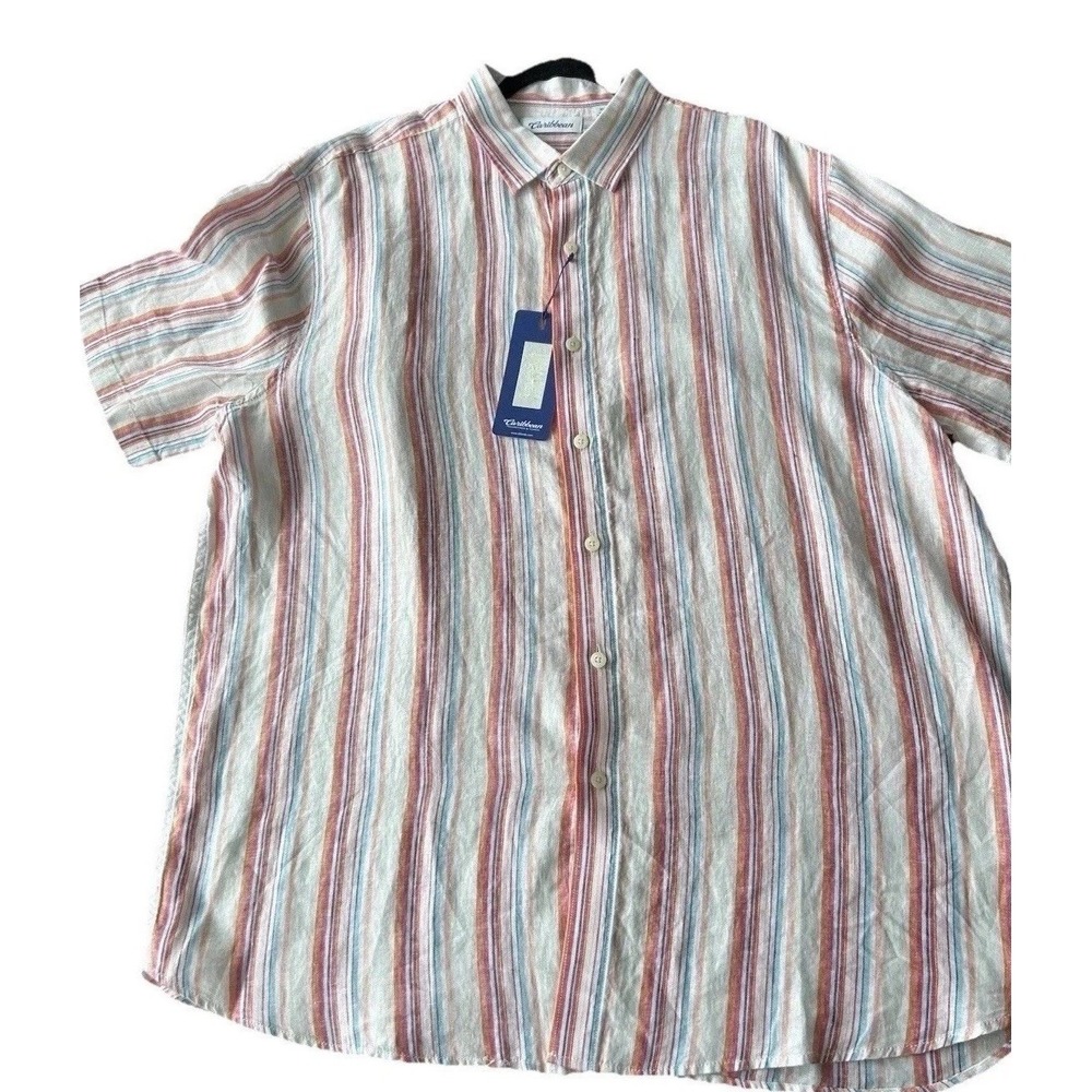 New Roundtree Yorke Caribbean Linen Button Up Shirt XL Pastel Stripe SS